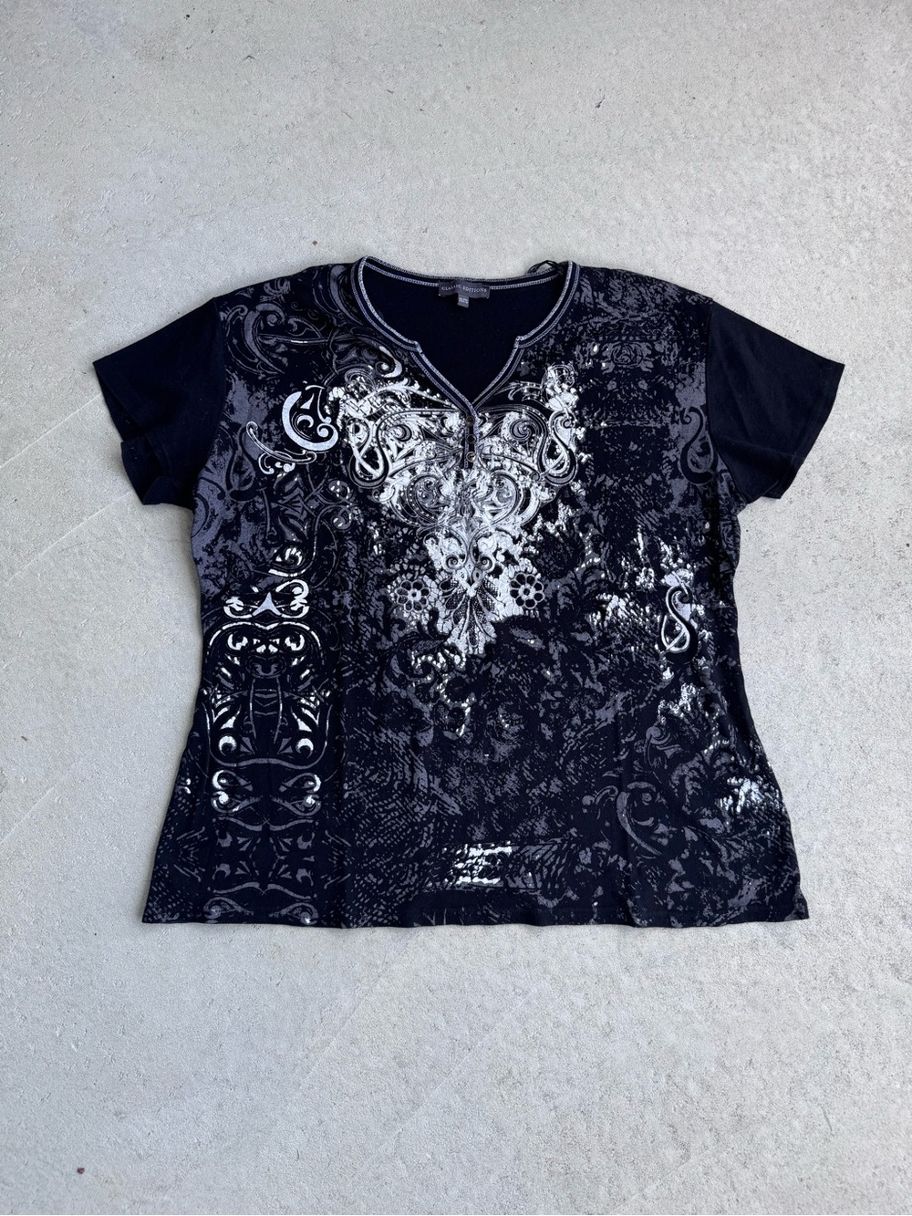 Women's Black Short-Sleeve V-Notch Graphic Tee